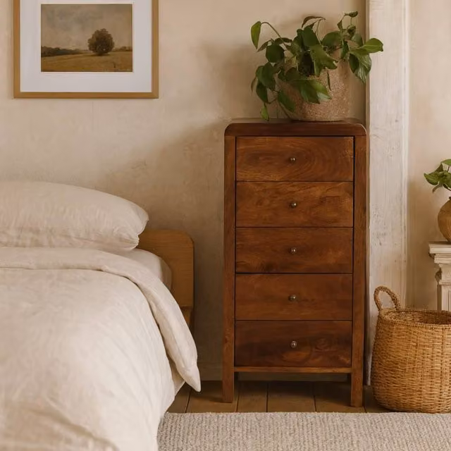 Wyld Haus Tropea Mango Wood Tallboy Storage Cabinet in Brown, H 90 cm x W 45 cm x D 35 cm – 1