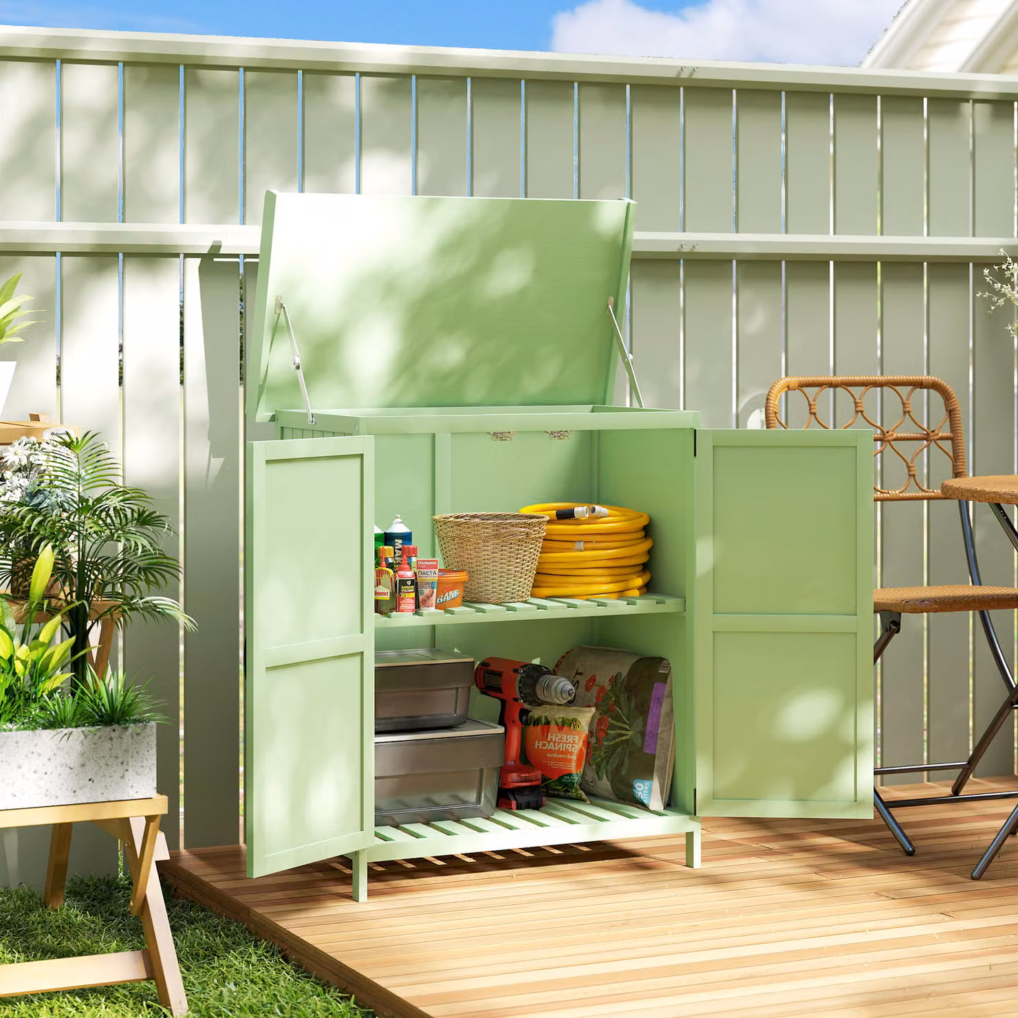 Outsunny Wooden Garden Storage Shed with Double Doors and Internal Shelving, Green, W/D/H: 88.0 x 67.0 x 40.0 cm – 2