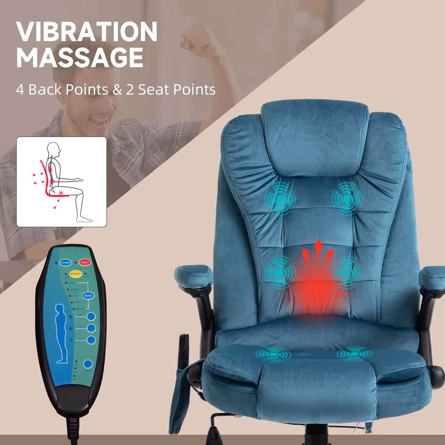 Vinsetto Blue Ergonomic Massage Office Chair and Gaming Recliner with Fabric Upholstery – 4