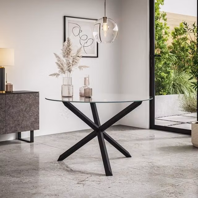 More4Homes Malvern Round Glass Dining Table with Solid Oak Legs, Diameter: 120 cm, Height: 75 cm
