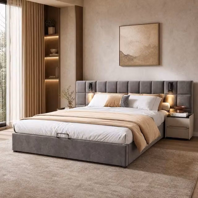 STILVORA Grey Velvet Upholstered King Size Bed with Storage, USB Charging Port and Integrated Reading Light, W/D/H: 180 x 200 x 152.4 cm