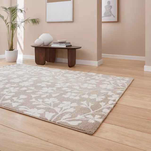 Catherine Lansfield Grace Floral Rectangular Rug in Beige and Brown