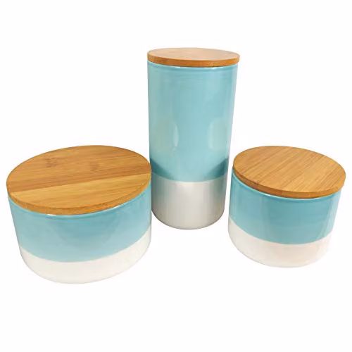 Leaf Set of Three Floral Ceramic and Bamboo Kitchen Storage Canisters with Lids, Green, White and Turquoise