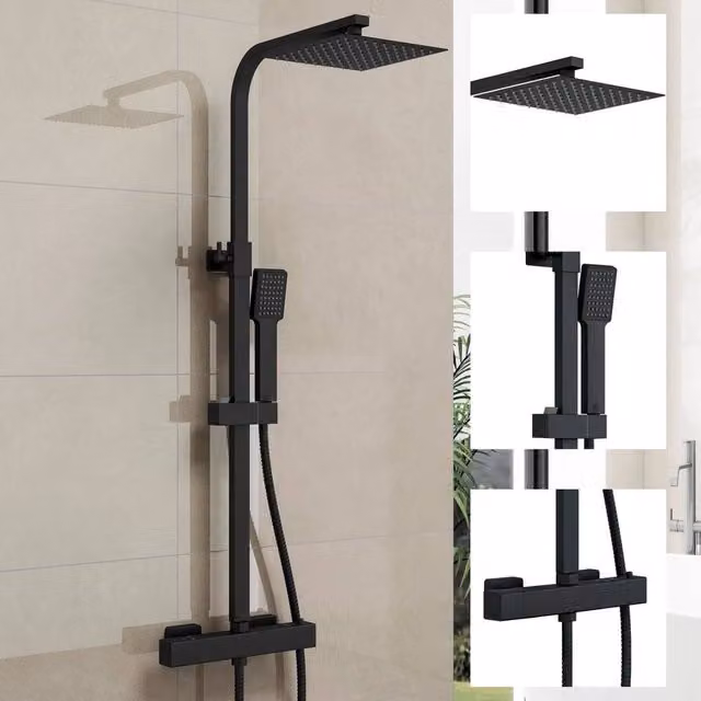 Hinsinc Luxury Thermostatic Twin Head Square Shower Set with Overhead Shower and Wall Bar in Matte Black, W: 52 cm – 1