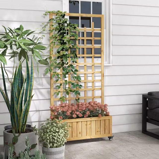 Outsunny Raised Wooden Garden Bed with Trellis, Wheels and Bed Liner in Brown