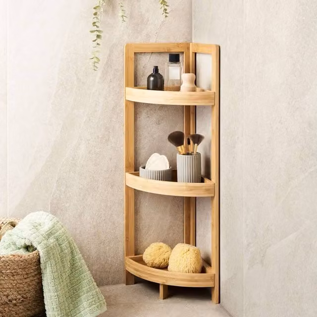 Wyld and Coco 3-Tier Freestanding Bamboo Corner Shelf, Brown – 1