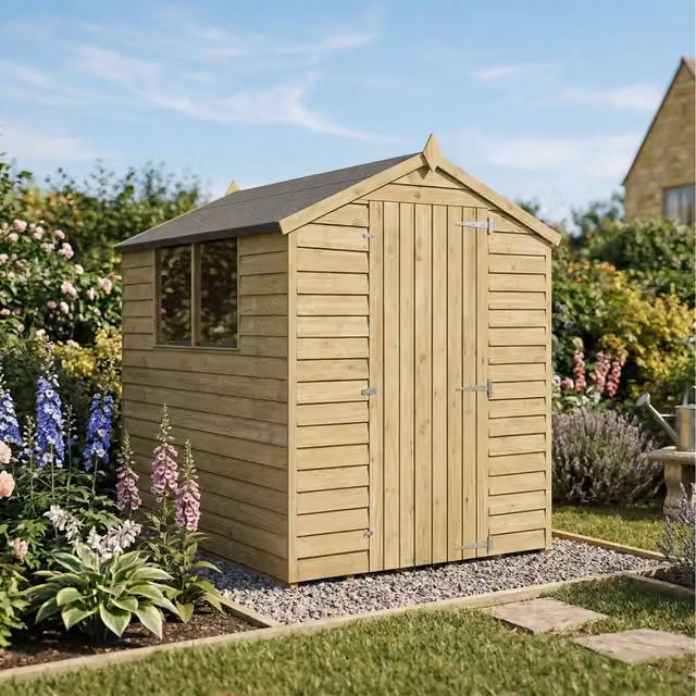 Waltons Wooden Overlap Apex Roof Garden Storage Shed with Window and Single Door, Brown, W: 160.3 cm, D: 213.36 cm, H: 191.9 cm – 1
