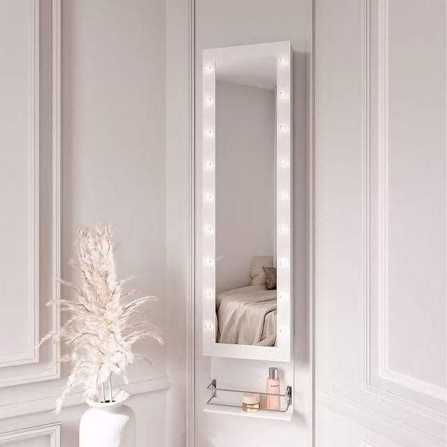 CARME White Modern Wall Mounted Jewellery Cabinet with LED Lighting and Mirror Door