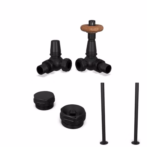 UK Radiators Derry Traditional Thermostatic Radiator Valve and Lockshield Installation Kit, Matt Black, 15mm Corner Angled – 2