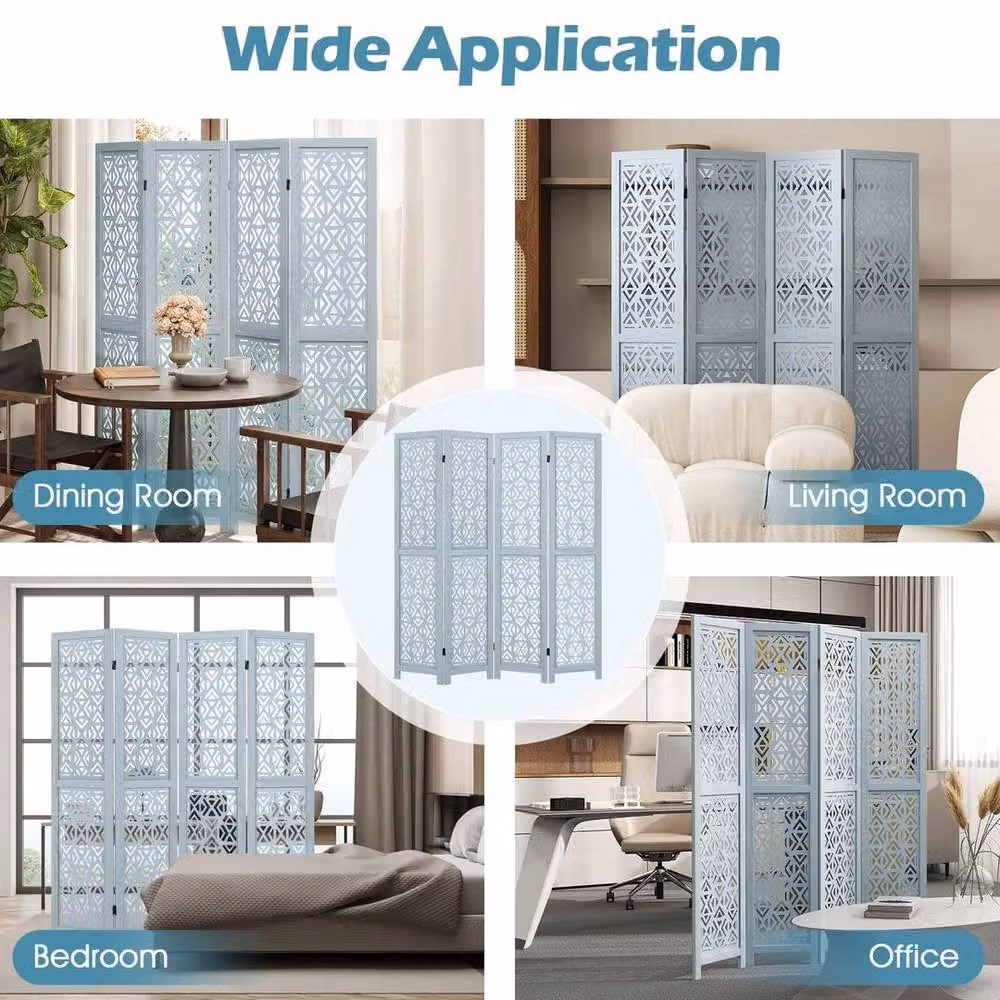 KORVIXA 4-Panel Blue Wooden Room Divider with Geometric Design – 3