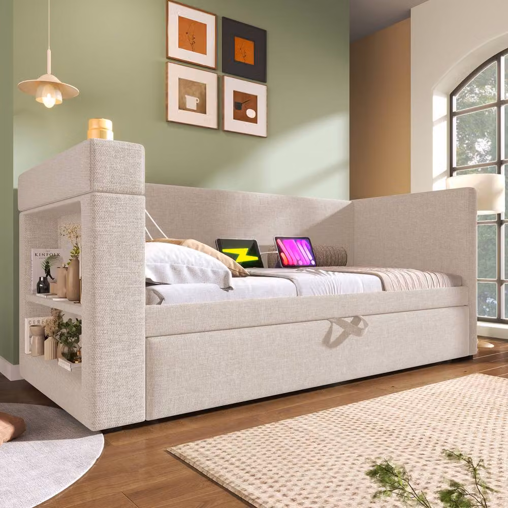 STILVORA Modern Beige Fabric Daybed with Pull-Out Trundle, USB Charging Port and Side Compartments, W/D/H: 90 x 190 cm – 2