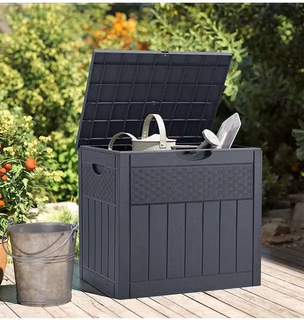 Living and Home 126L Waterproof Large Plastic Garden Storage Box with Padlock, Grey Rattan Texture Deck Box for Outdoor and Indoor Use