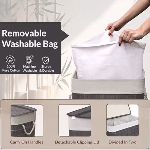 MantraRaj Bamboo Laundry Basket with Lid and 2 Compartments, 105L, Grey – 4