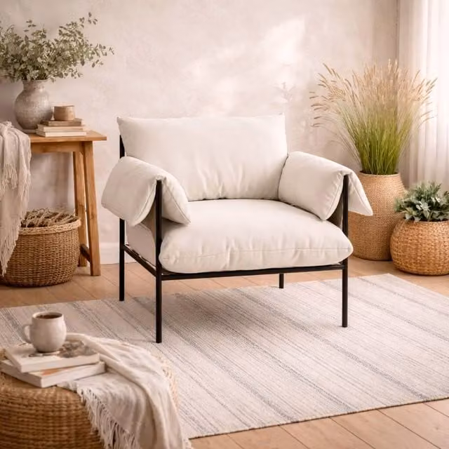 Wyld Haus Wardour Minimalist Armchair with White Houseweave Fabric and Matt Black Metal Legs – 1
