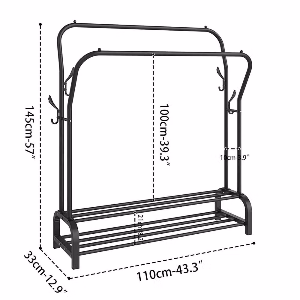 Dprodo Black Glossy Metal Freestanding Garment Rack with Dual Hook and Rail Matrix, H 145 cm x W 110 cm x D 33 cm – 2