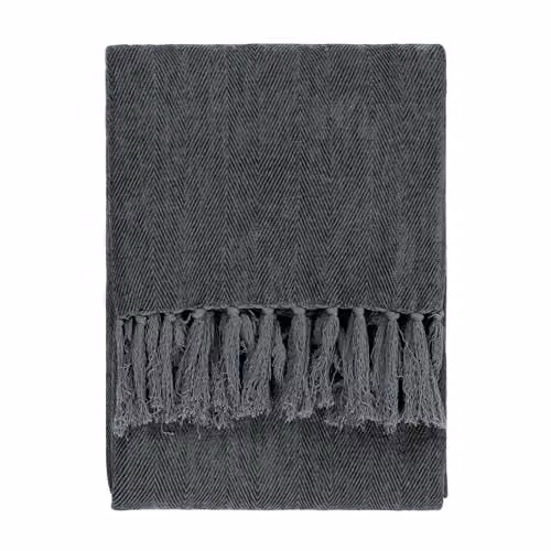 Riva Home Yard Harri Grey Herringbone Woven Cotton Throw with Fringes W/D/H: 180 x 130 x 1 cm