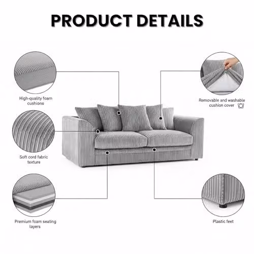 Bliss Furniture Jumbo Cord Scatter Back 3 and 2 Seater Sofa Set in Silver Grey – 2