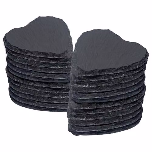 Argon Tableware Heart Shaped Black Natural Slate Coasters, 24 Piece Set, Diameter: 10 cm – 1