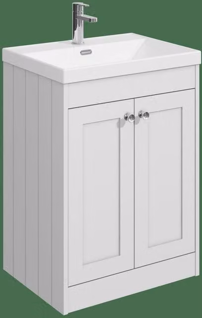 Balterley White Floor Standing 2 Door Bathroom Vanity Unit with Rectangular Basin and 1 Tap Hole, W/D/H: 60 x 45.3 x 80 cm – 1