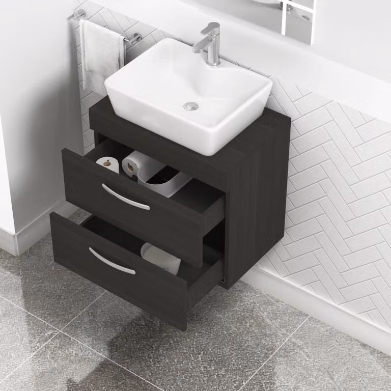 Royal Bathrooms Hale Wall Hung 2-Drawer Vanity Unit and Cube Countertop Basin in Matt Black and Grey