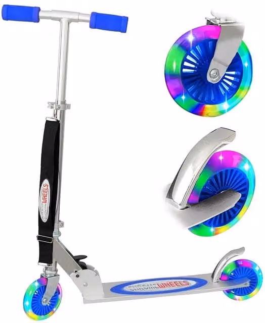The Magic Toy Shop Folding Kick Scooter with Light Up Wheels in Silver and Blue, Height Adjustable