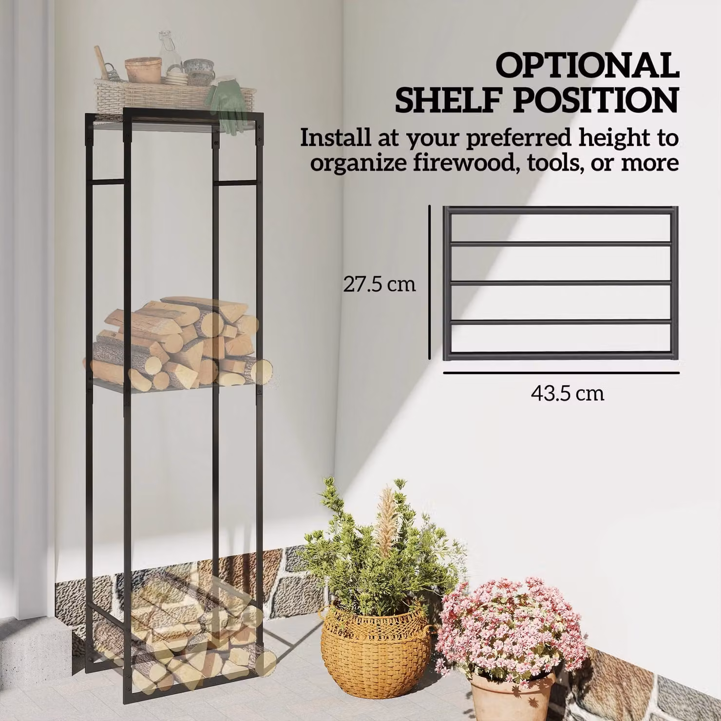 OUTSUNNY Metal Firewood Log Holder with Adjustable Shelves in Black – 3