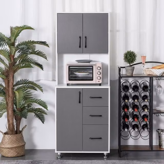 HOMCOM Modern Kitchen Storage Cupboard with Open Countertop in Grey and White