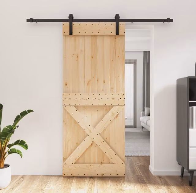Berkfield Home Rustic Solid Pine Sliding Door with Hardware Set, Brown, W: 85 cm, H: 210 cm – 1