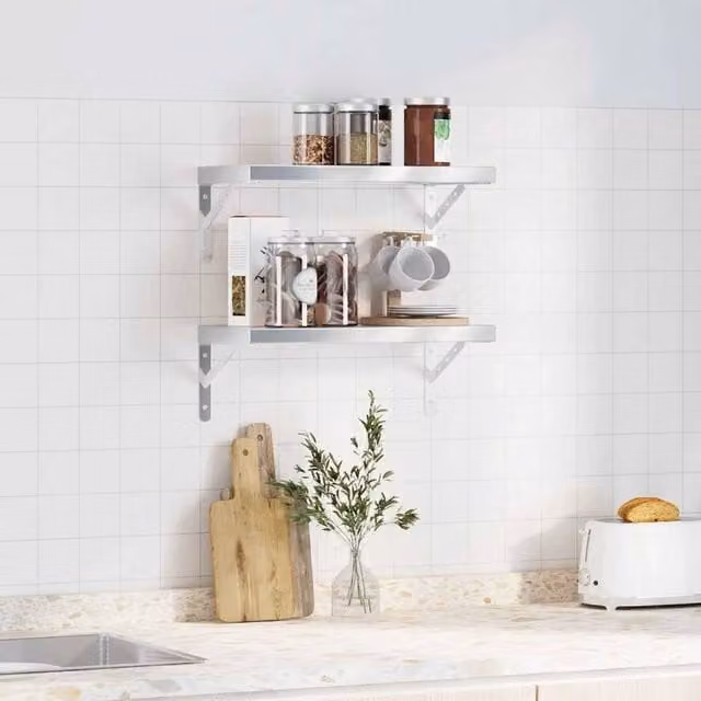 Berkfield Home Silver Stainless Steel Wall Mounted Shelves, 2 Pack, W: 50 cm, D: 23.5 cm, H: 3 cm