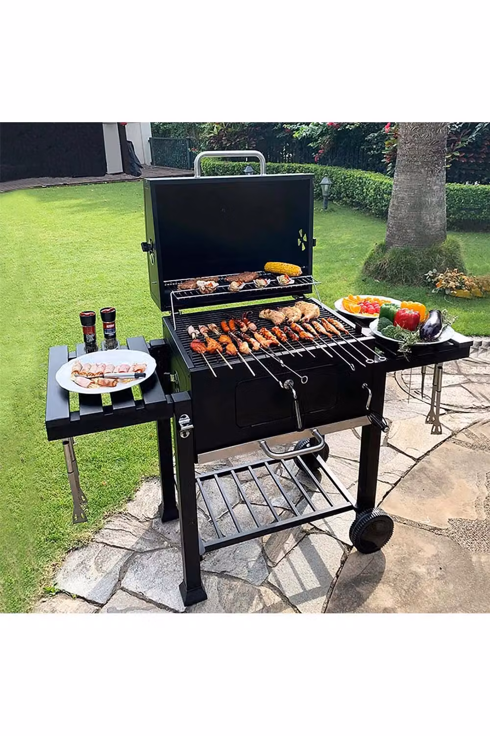 Living and Home Portable Outdoor Charcoal BBQ Grill in Black with Warming Rack, Thermometer and Wheels, W/D/H: 108 x 83 x 40 cm – 3
