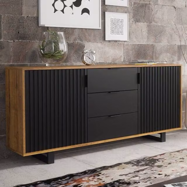 Mex Furniture LTD Blackridge Sideboard in Dark Oak and Dark Brown with Black Fluted Doors and Drawer, W: 140 cm, H: 75 cm, D: 35 cm