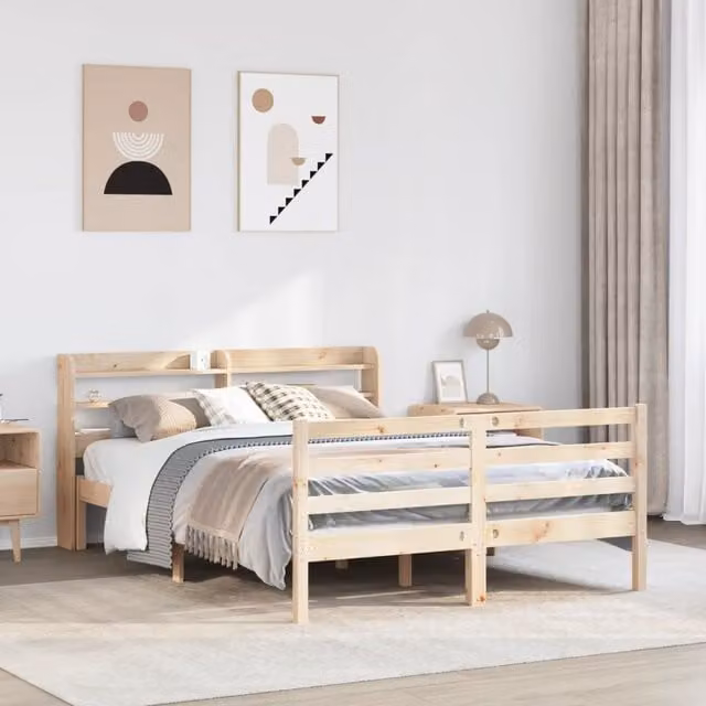 Berkfield Home Rustic Brown Solid Pine Bed Frame with Headboard and Side Compartments, W/D/H: 150 x 200 cm
