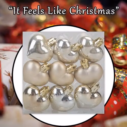 VFM e-Store Set of 9 Glass Heart Christmas Tree Hanging Ornaments in Beige and Gold, 4cm – 6