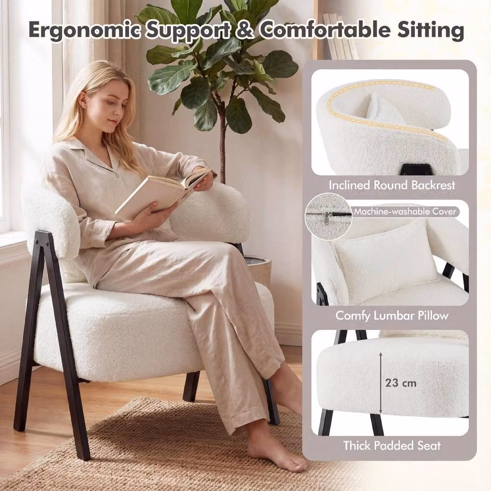 Gymax White Bouclé Barrel Accent Chair with Lumbar Pillow and Metal Legs – 3