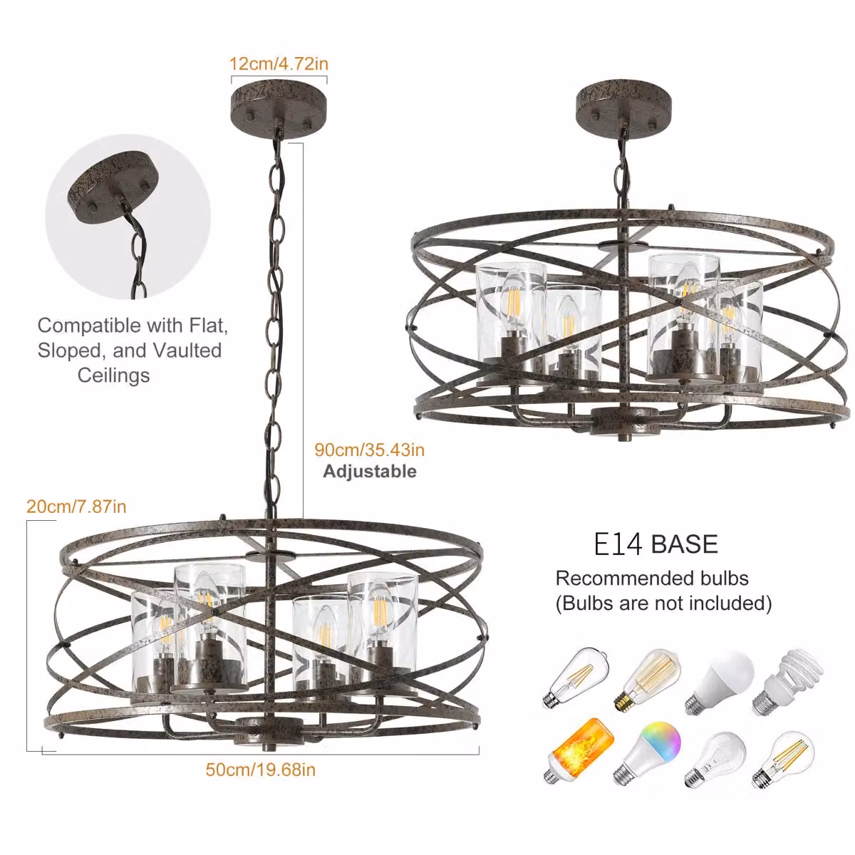 Garwarm 4-Light Adjustable Farmhouse Chandelier in Bronze with Transparent Glass Shades – 6