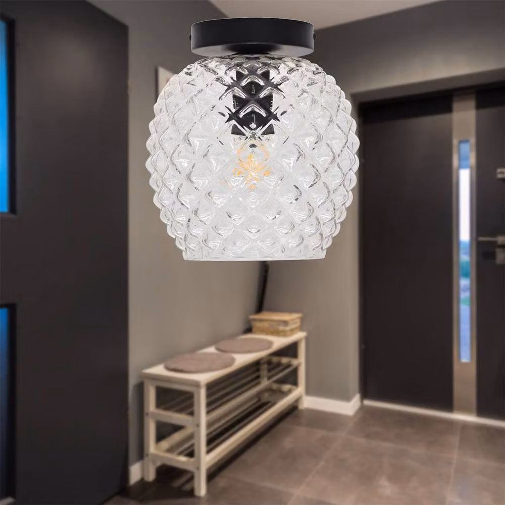 First Choice Lighting Baine Black and Transparent Glass Round Ceiling Light Fitting – 2