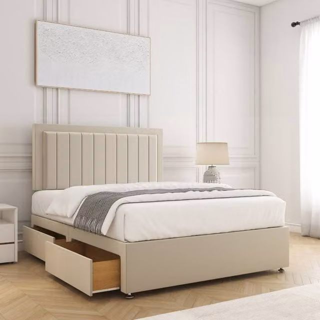 BSSPOKE Zarah Super King Divan Bed with 24 inch Headboard, 2 Drawers and Mattress in Cream Plush Velvet