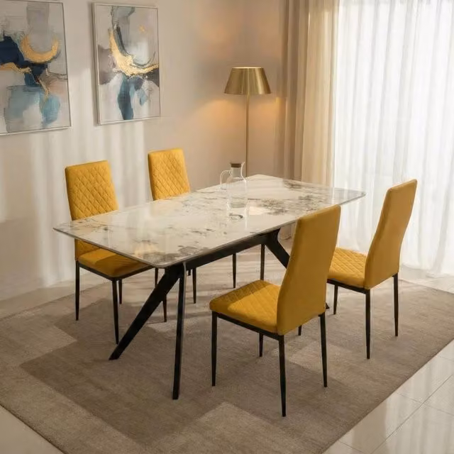 Outdoor Living San Diego Marble Top Dining Table with Emily Faux Leather Chairs in Mustard