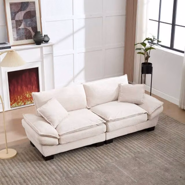 GOMYWAY Matteo Oversized Corduroy Loveseat - Modern 2 Seater Beige Sofa with Scatter Cushions