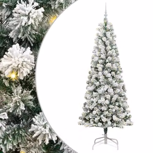 vidaXL Artificial Hinged Christmas Tree in Green and White, Height: 210 cm