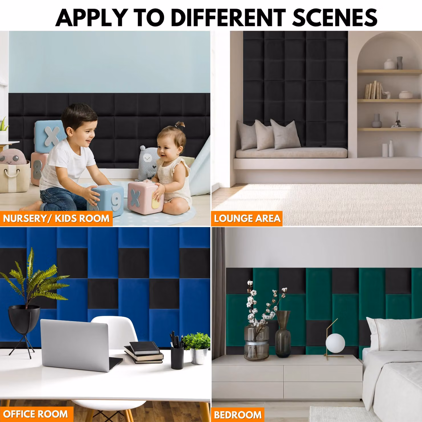 Novecrafto Set of 4 Soft Velvet Upholstered Wall Panels with Adhesive, Black, W/D/H: 30 x 30 x 3 cm – 9