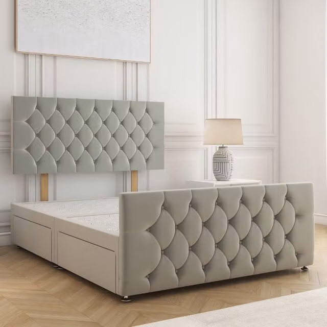 BSSPOKE Maya Double Velvet Divan Bed in Silver with 24 inch Headboard and 2 Same Side Drawers, W/D/H: 140 x 200 cm