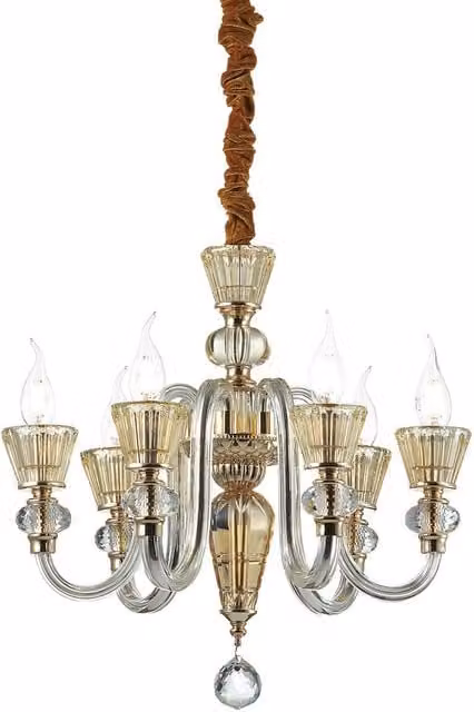 Ideal Lux Strauss 6 Light Chandelier in Gold and Brass with Crystal and Glass Details, E14
