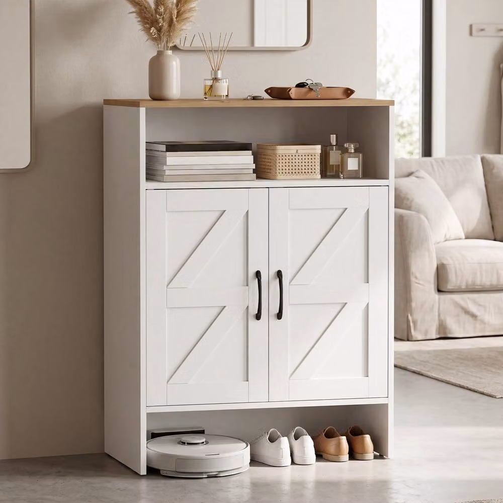 Costway Narrow White Shoe Storage Cabinet with 2 Barn Doors and Internal Shelves – 5