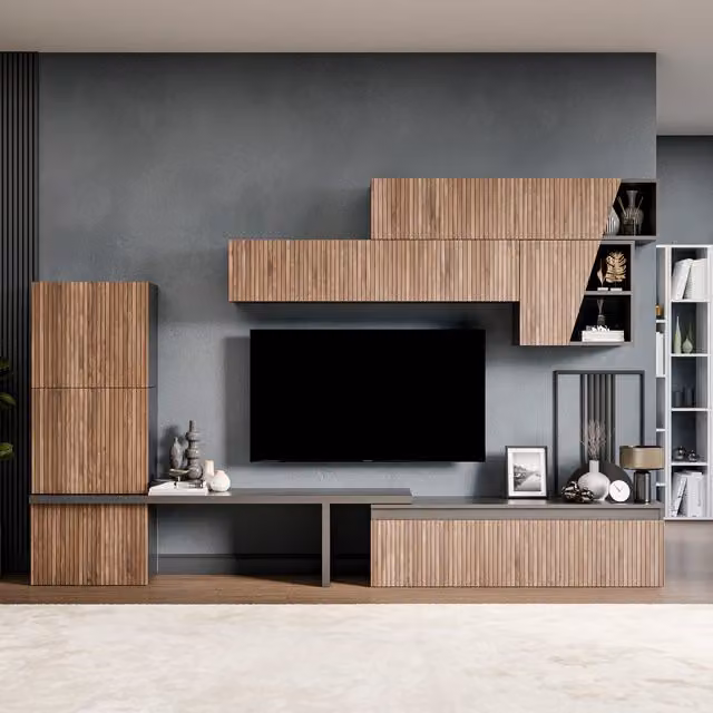 Decorotika Minsk Wall Mounted Entertainment Center in Black, White and Brown with Geometric Alina Pattern