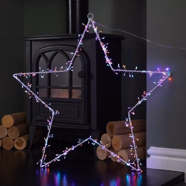 Samuel Alexander White Metal Hanging Christmas Star Decoration with 280 Multicolour Rainbow LEDs, 60 cm