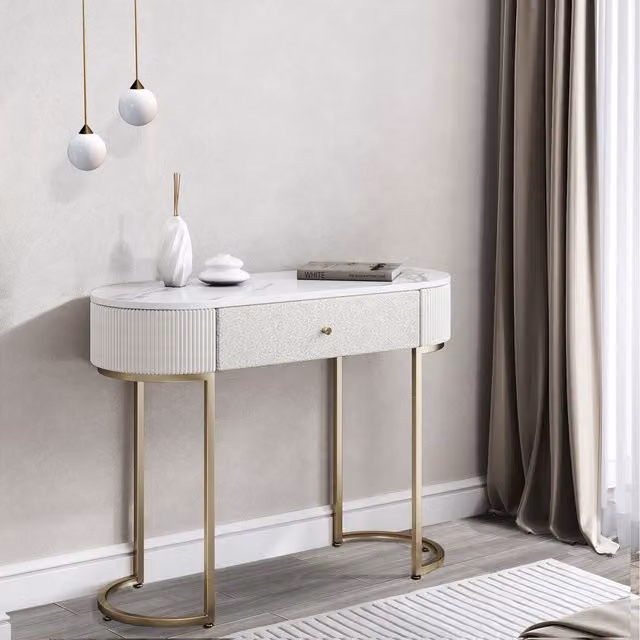 CARME Modern Oval Upholstered Dining Table in White, Grey and Gold
