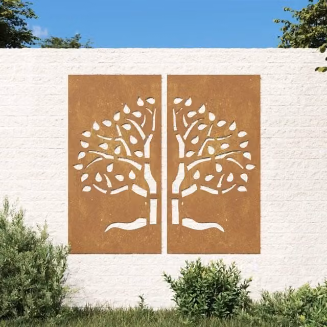 Berkfield Home Set of 2 Brown Corten Steel Floral Wall Decorations, W: 105 cm, H: 55 cm – 1