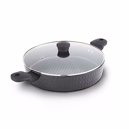 Tower Diamo Aluminium Shallow Casserole Dish with Black Diamond Ceramic Non-Stick Coating and Tempered Glass Lid, Black, Diameter: 30 cm