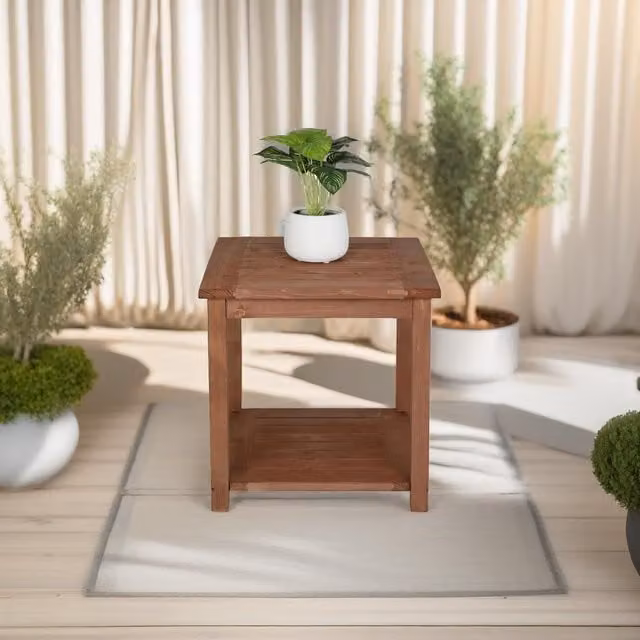 FURNOS 2 Tier Wooden Side Coffee Table for Garden, Brown, W/D/H: 45 x 45 x 45 cm